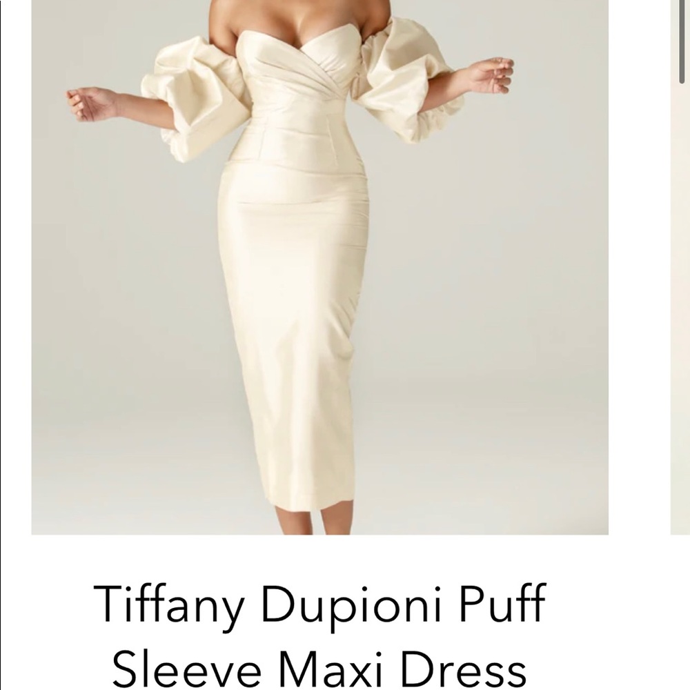 Beige Alieva Evening Dress - Bardot Strapless Dress with Sleeve Puffs NWT